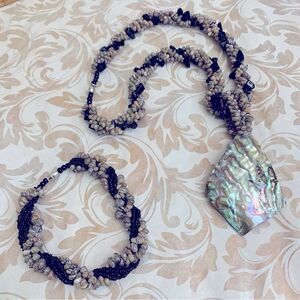 Abalone Shell Pendant Necklace Shells - Seed Beads - Black Stone Also Bracelet